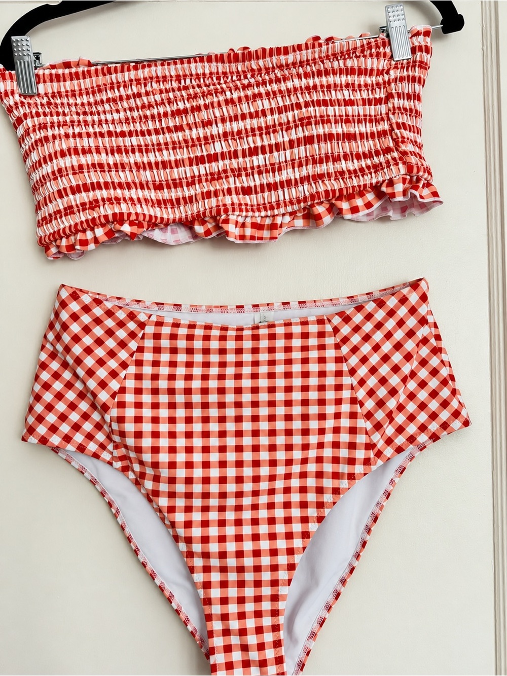 Cupshe Red Gingham Smocked Strapless Bikini XL
